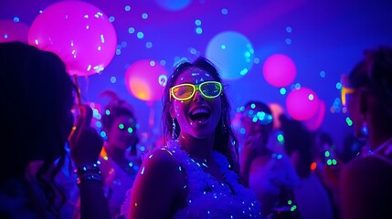 A neon-themed birthday setup featuring glow sticks, black lights, and neon paint splattered on the walls, LED decorations enhancing the glow, party atmosphere with guests wearing glowing accessories,