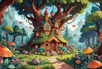 Fototapeta premium Fairytale house in the forest, surrounded by flowers and butterflies, with tall trees in the background