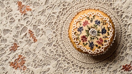 A beautifully decorated cake on an intricate lace tablecloth.