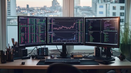 Fototapeta premium A financial desk with digital financial graphs, stock market data, and currency symbols displayed on screens