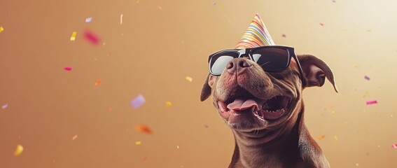 A joyful dog wearing sunglasses and a party hat, celebrating with confetti.