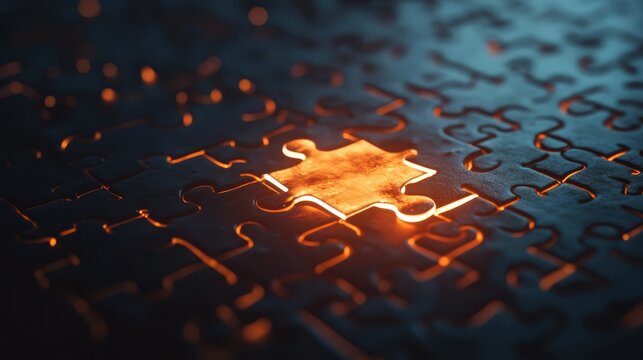 A single glowing puzzle piece stands out against a dark background of unfinished puzzle pieces, symbolizing the power of finding the right solution.