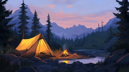 Camping under the twilight sky by a serene lake surrounded by mountains and pine trees in a tranquil wilderness setting