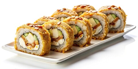 Fried sushi rolls with sauce and almonds on white background for menu macro
