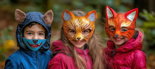 Three children wearing colorful animal masks in a forest during an autumn afternoon. Quadrober youth subculture concept