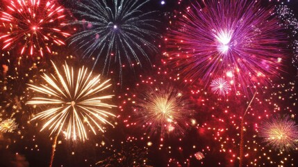 Fireworks display with many different colored fireworks. The fireworks are lit up and are in the air