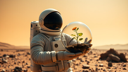 Astrounot holding an seedling flower in aquarium in space suit on Mars. AI generated image, ai.