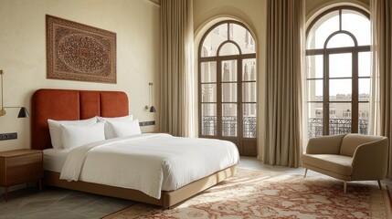 Fototapeta premium A cozy Mediterranean-style room with a king-size bed covered in white and terra cotta linens, a cognac velvet headboard, classic tufted fabrics and an oak bedside table