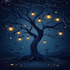 A mystical tree adorned with glowing lanterns in a dark night sky, creating an enchanting and eerie atmosphere.