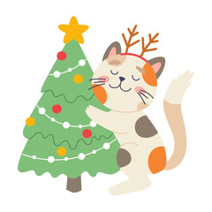 Cat with Christmas tree. Cute funny feline character. Vector illustration in flat style