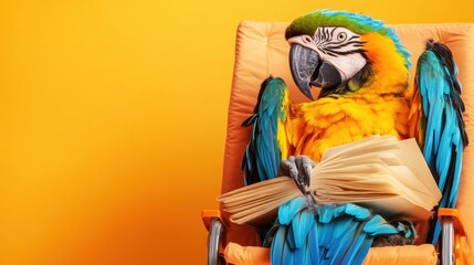 Fototapeta premium A colorful parrot sitting in a chair, reading a book against a vibrant orange background.