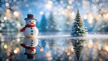 Obraz premium Frosty winter landscape with snowman and blurred Christmas lights reflection