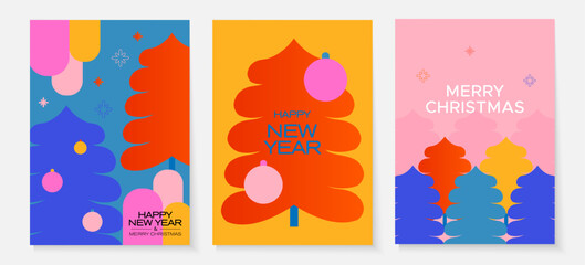 Set of bright cards for the New Year holidays. Colorful spruces and decorative shapes on a pink background. 