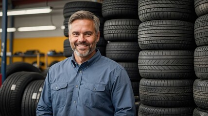 A tire salesman stands confidently among a wide selection of tires, ready to assist customers with expert advice and recommendations for their vehicles