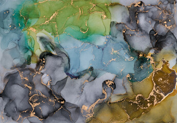 Current of translucent hues intertwine with metallic gold veins, shaping organic luxurious landscape. This fluid art, abstract liquid ink technique, light and shadow dance across free-flowing textures