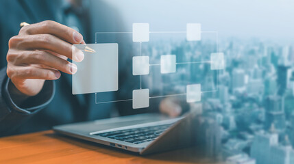 business processes and algorithm diagram flow on a computer laptop.  hierarchy scheme, data...