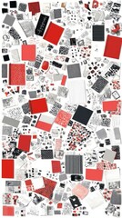 A chaotic background of red and black squares and lines on a white background.