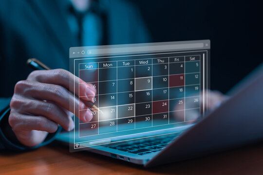 plan schedule calendars online on a laptop. timeline design on technology digital concept, arranging appointment agendas in business, managing a planning meeting