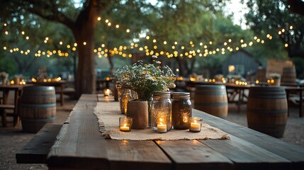 A rustic outdoor farmhouse birthday celebration with wooden tables, burlap runners, and mason jars used as vases for wildflowers, surrounded by wooden barrels and lanterns,