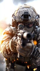 Intense Combat Scene of a Soldier Aiming with Precision in a Dynamic Environment