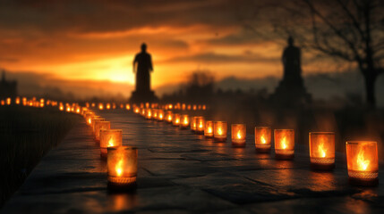 Obraz premium serene pathway illuminated by glowing oil lamps leads towards majestic statues at sunset, creating tranquil and spiritual atmosphere