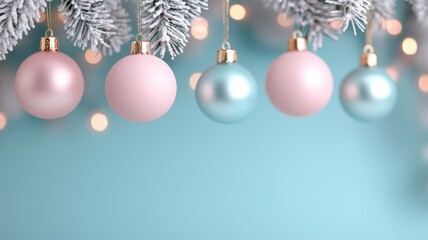 Fototapeta premium A festive arrangement of pastel ornaments hanging from a branch, set against a soft turquoise background with subtle lights.