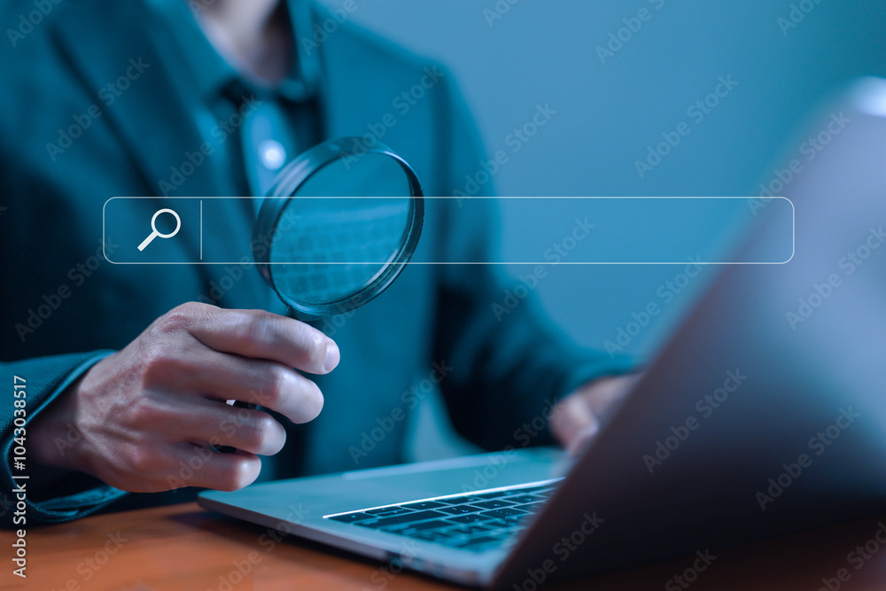 Sticker businessman using a laptop show a search bar. concept of keyword search engines, web browser informa