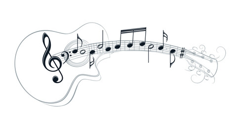 Guitar stylized symbol with musical notes.
