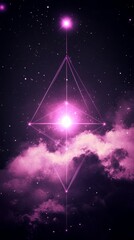A glowing pink geometric shape in a starry sky.