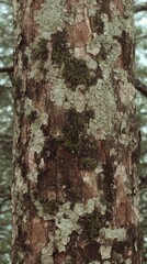 Close-up of a tree trunk with rough bark, green moss and lichen growing on it.