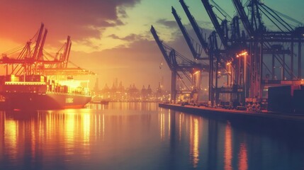 Fototapeta premium Bustling modern harbor with cranes and container ships, reflecting global trade, photography style