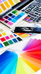 Color swatches and a color wheel on a table, illustrating the creative process of color selection for design projects.