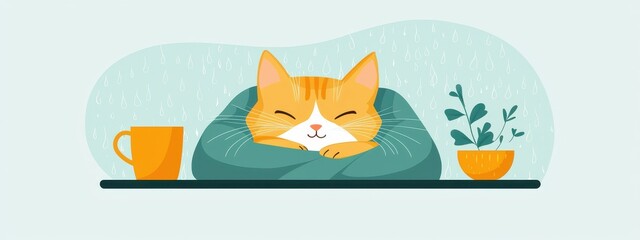 Fototapeta premium Cozy Cat Snuggled in Blanket on Rainy Day