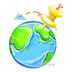 Pin the Earth and plane cartoon design, travel and trip decision graphic, travel around the world