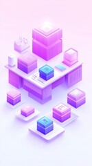 Obraz premium Isometric illustration of a digital workspace with various icons and elements.