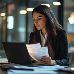 Fototapeta premium A professional businesswoman concentrating while working on a laptop in a well-lit office environment, illustrating dedication and modern work ethic.