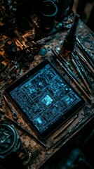 A tablet displaying a close-up of a circuit board on a messy workshop table.