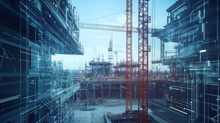 Fototapeta premium Digital architecture of a modern construction site, combining innovation with industrial equipment for city development. 