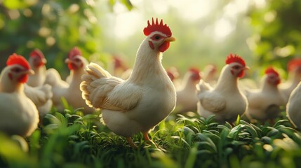 Fototapeta premium Chickens in a lush green landscape a study of nature and farm life