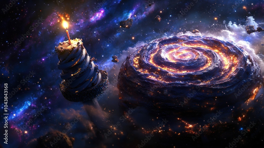 Wall mural a cosmic scene featuring a spiral galaxy and a cake-like structure with a candle.