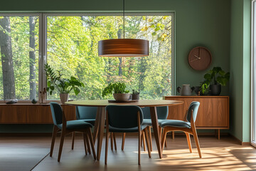 Design an elegant dining room with green walls, mint blue chairs, and a round wooden table.