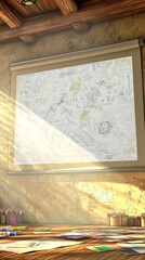 Sunbeams illuminate a cluttered artist's studio, with a large map on the wall.