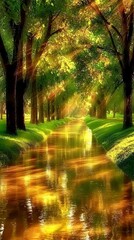 Obraz premium Sunbeams illuminate a tranquil stream flowing through a lush forest.