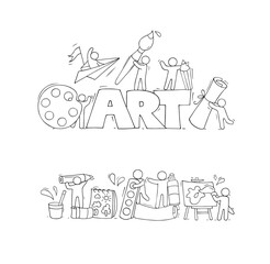 Obraz premium Doodle concepts - people with brushes and paint tools. Vector hand drawn set of artists with paintbrushes, staationery, palette. Illustration of creative craft tools with word Art