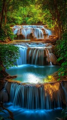 Tranquil cascading waterfall surrounded by lush greenery.