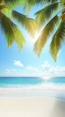 Fototapeta premium Tropical beach with palm trees, blue sky and ocean.