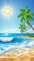 Tropical beach scene with blue ocean, white sand, and palm trees under a bright sun.