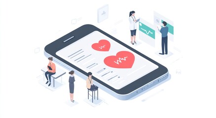 Illustration of a smartphone displaying health data with people interacting around it.