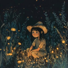 A young girl sits amidst a field of glowing flowers in a dark forest.
