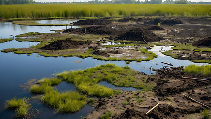 Obraz premium A drying riverbed next to farmland over-irrigated for agriculture, symbolizing the depletion of freshwater resources and the growing water scarcity crisis.